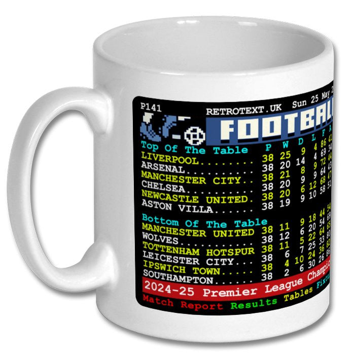 Retrotext Liverpool 2025 Premier League Champions ceramic mug featuring a teletext-style final league table design.