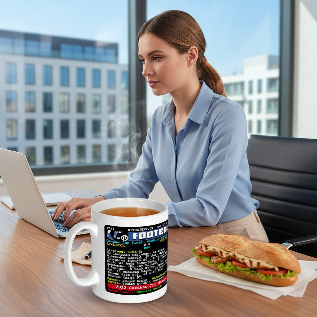 Retrotext Liverpool 2022 Carabao Cup Winners teletext design mug on a desk next to a woman working on a laptop