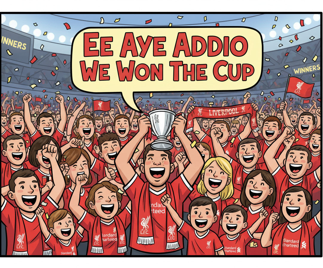 Retrotext Liverpool 2024 Carabao Cup winners mug featuring an illustration of Jurgen Klopp and match details