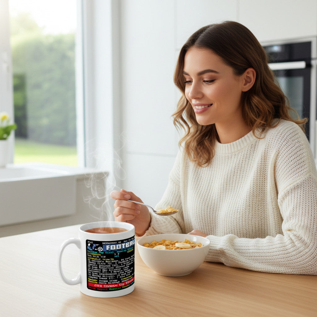 Retrotext Liverpool 2024 Carabao Cup Winners mug with Jurgen Klopp graphic on a kitchen table with a smiling woman