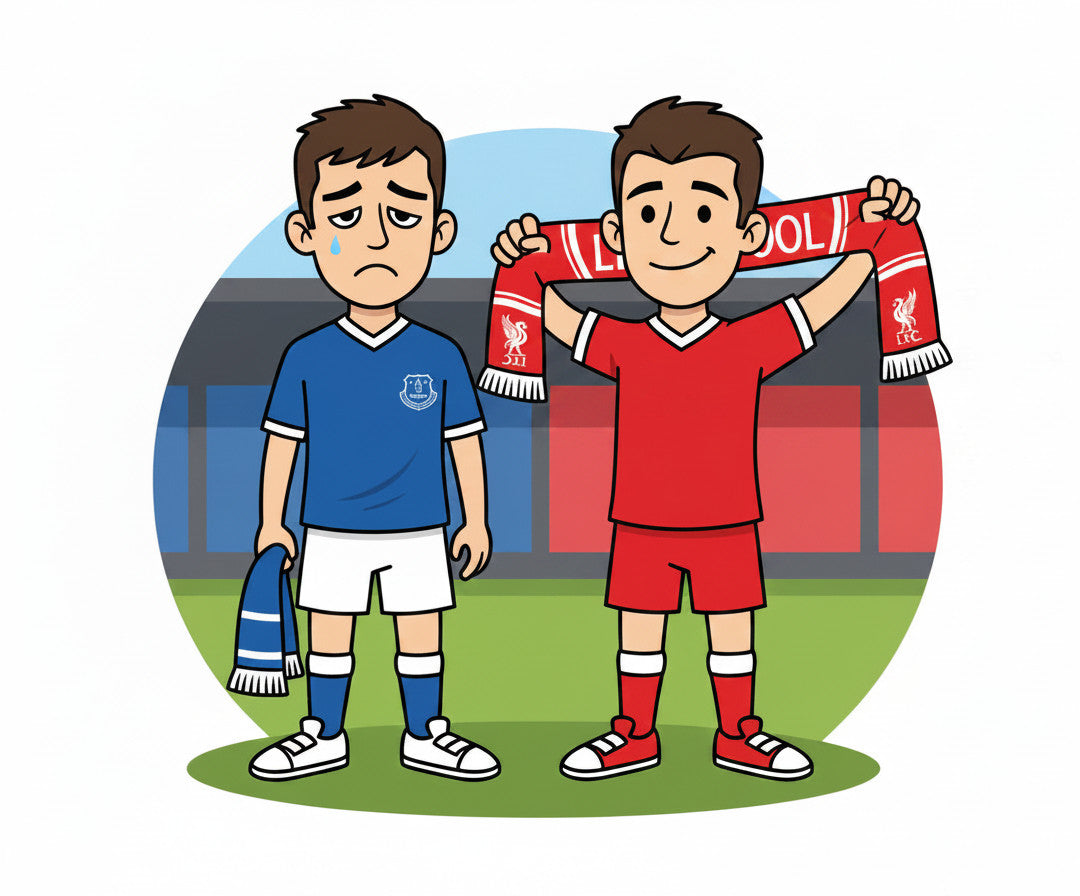 Retrotext illustration of a sad Everton fan and a happy Liverpool fan holding a red LFC scarf on a football pitch.