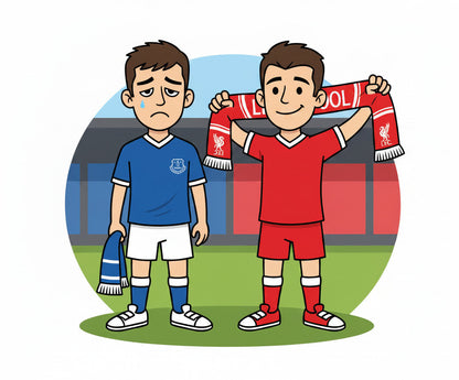Retrotext illustration of a sad Everton fan and a happy Liverpool fan holding a red LFC scarf on a football pitch.
