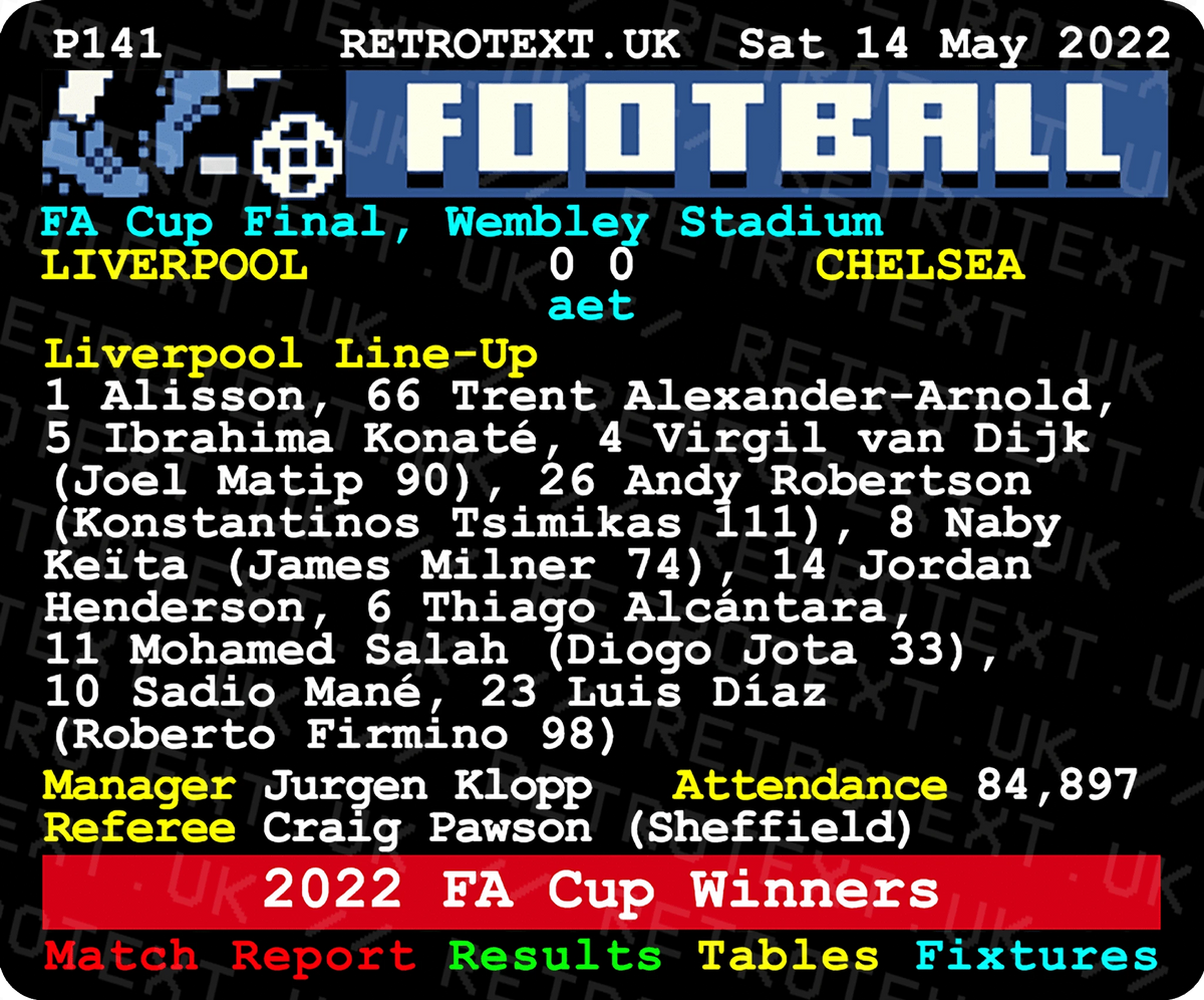 Retrotext Liverpool 2022 FA Cup Winners ceramic mug featuring a nostalgic teletext graphic of the match line-up.