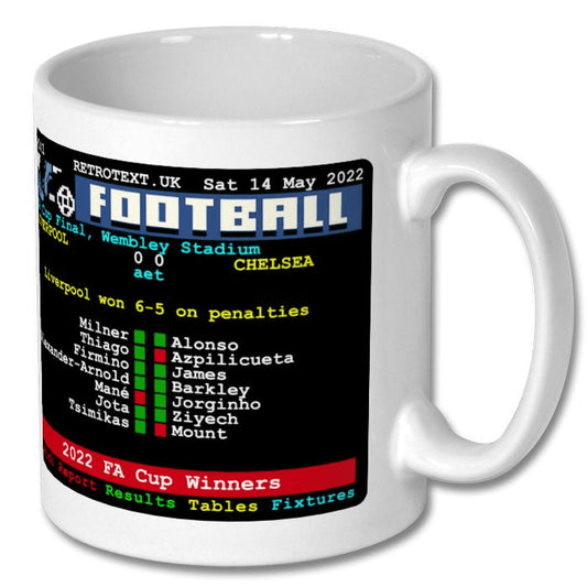 Retrotext Liverpool 2022 FA Cup Winners ceramic mug featuring a nostalgic teletext graphic of the penalty shootout.
