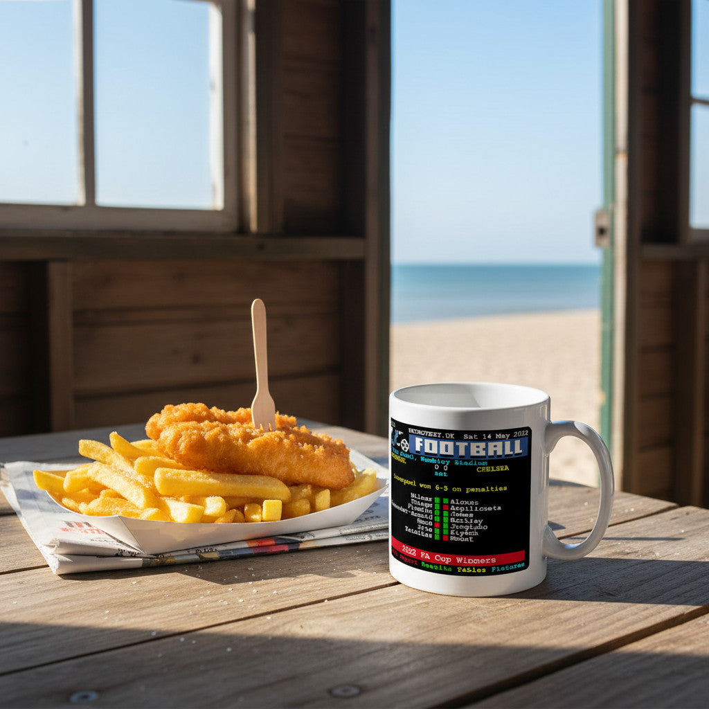 Retrotext Liverpool 2022 FA Cup Winners ceramic mug with teletext graphic next to fish and chips on a beach table
