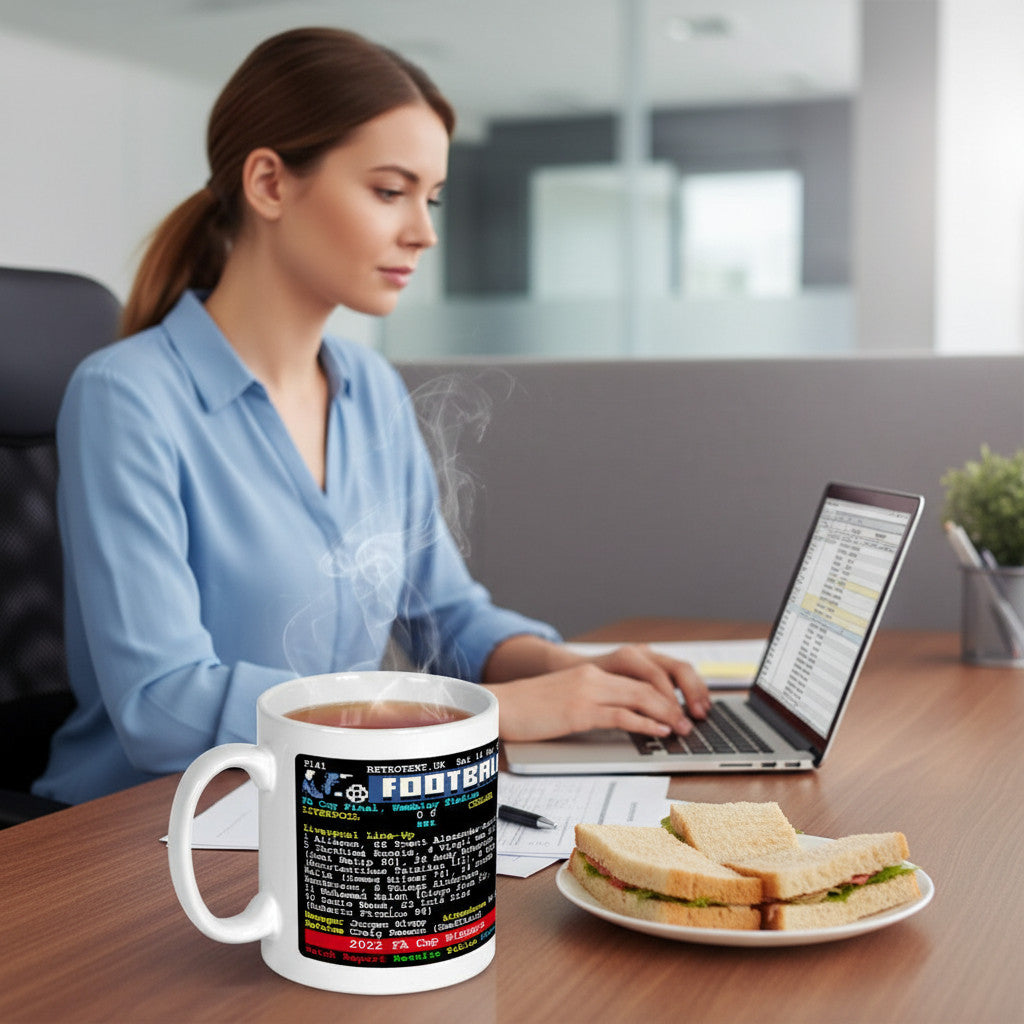 Retrotext Liverpool 2022 FA Cup winners ceramic mug with teletext graphic on a desk next to a woman working on a laptop