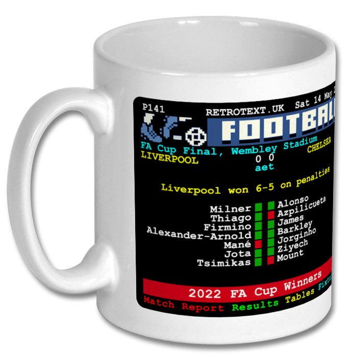 Retrotext Liverpool FC Jurgen Klopp 2022 FA Cup final teletext design on a glossy white 11oz ceramic coffee mug