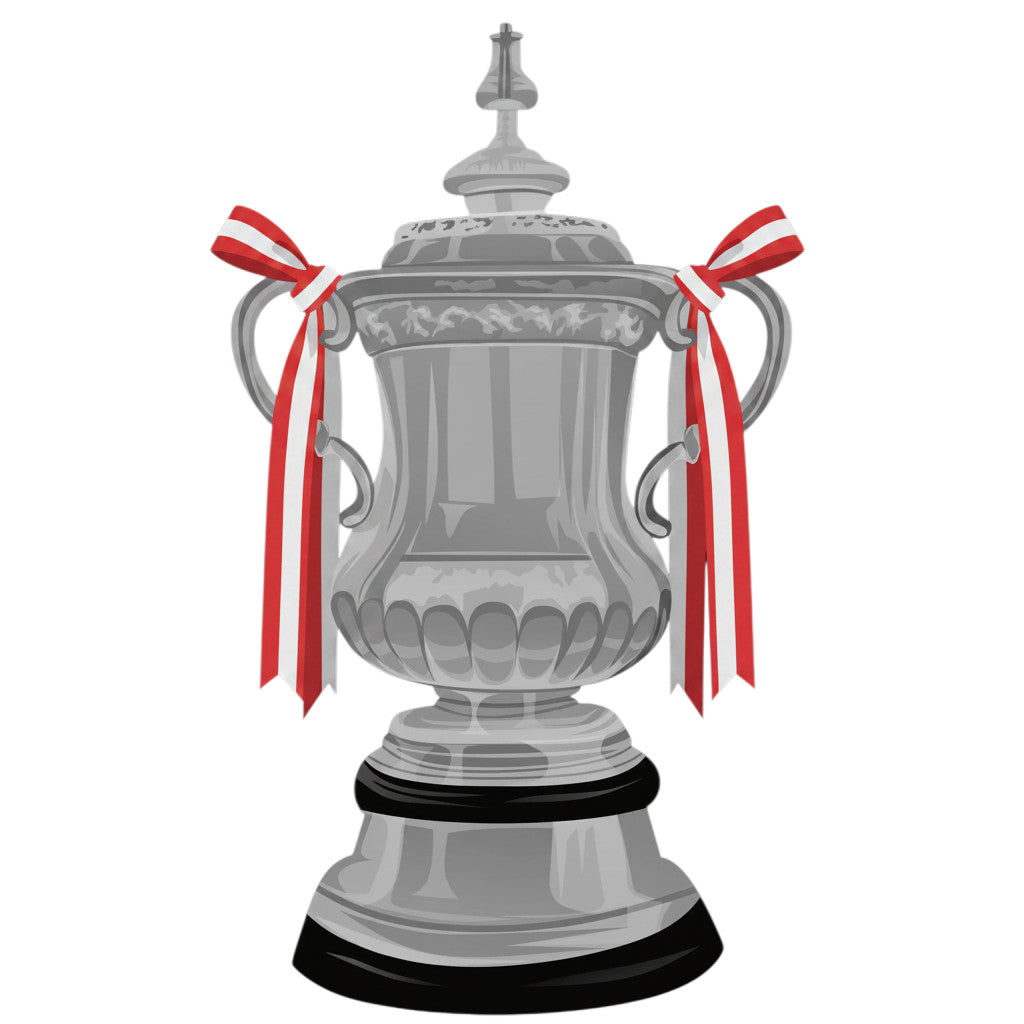 Retrotext Liverpool 1989 FA Cup trophy illustration with red and white ribbons on a white background