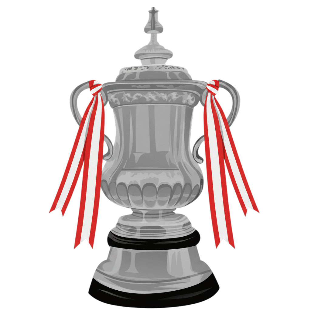 Retrotext Liverpool 1989 FA Cup trophy illustration with red and white ribbons on a white background