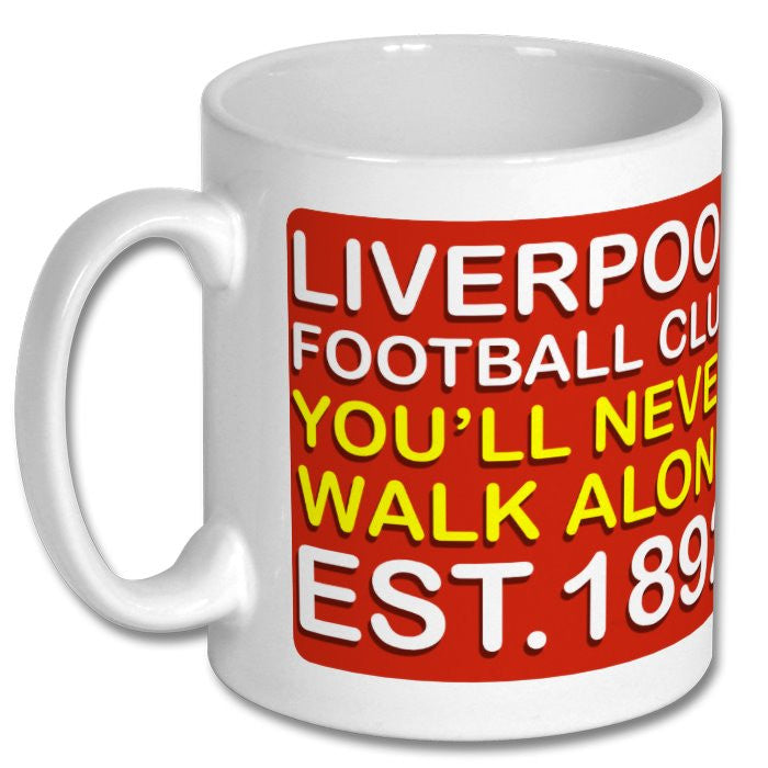 Retrotext Liverpool FC You'll Never Walk Alone 11oz glossy white ceramic mug with red and yellow text design