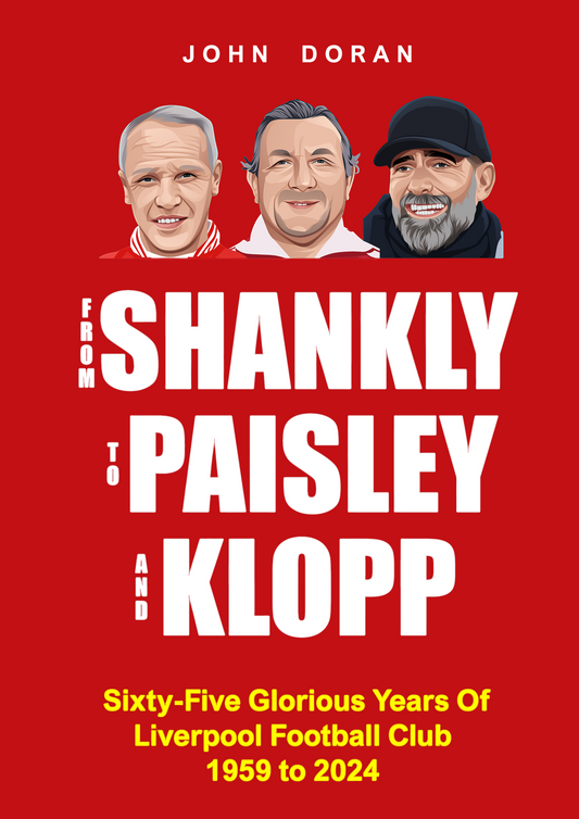 Retrotext book cover featuring illustrations of Bill Shankly, Bob Paisley, and Jurgen Klopp on a red background.