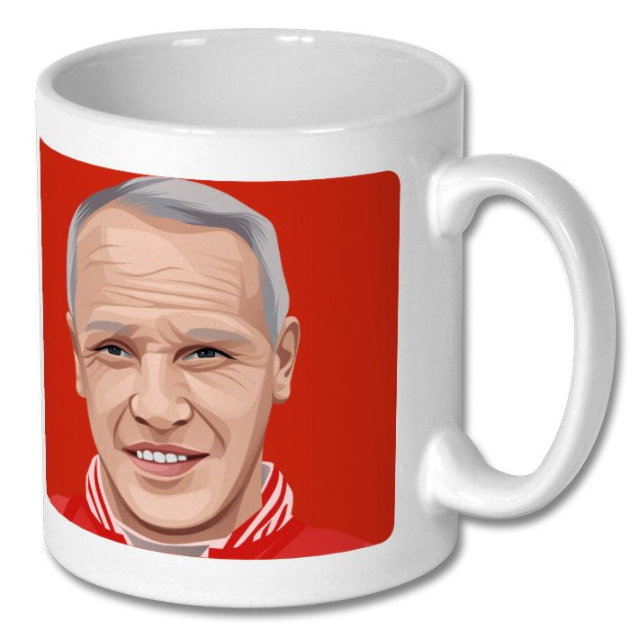 Retrotext glossy white 11oz ceramic mug featuring a red graphic illustration of a Liverpool football legend