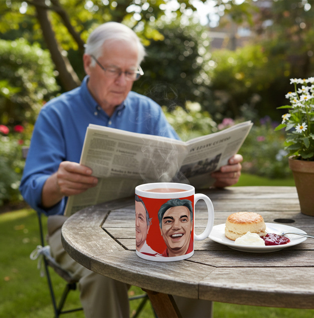 Retrotext Liverpool Shankly Paisley Fagan mug on a garden table with an elderly man reading a newspaper in the background