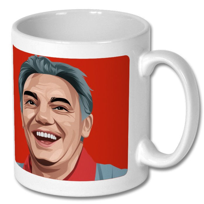 Retrotext Liverpool FC mug featuring a glossy white finish and a vibrant illustrated portrait of a football manager.