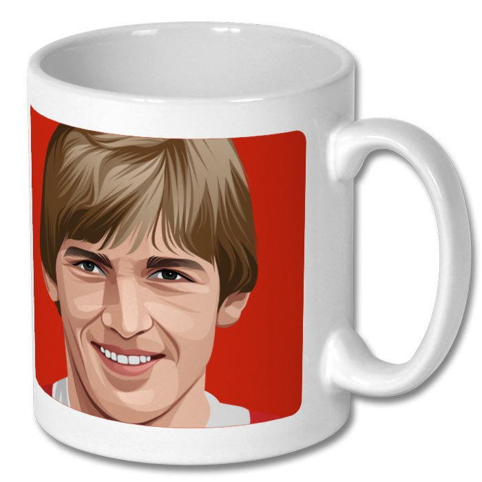 Retrotext white ceramic 11oz mug featuring a stylized illustration of a Liverpool football legend on a red background