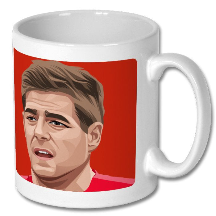 Retrotext Liverpool FC ceramic mug featuring a stylized portrait of Steven Gerrard on a vibrant red background.