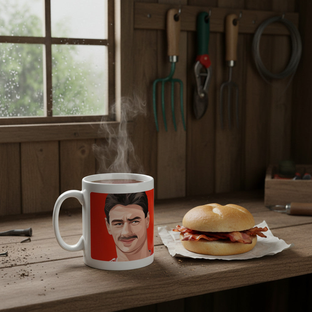 Retrotext Liverpool 1992 FA Cup Ian Rush mug with glossy white finish, featuring a red graphic on a wooden workbench.