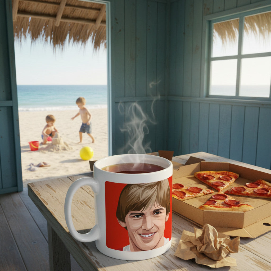 Retrotext Liverpool 1989 FA Cup Winners mug featuring Ian Rush illustration on a beach hut table with pizza