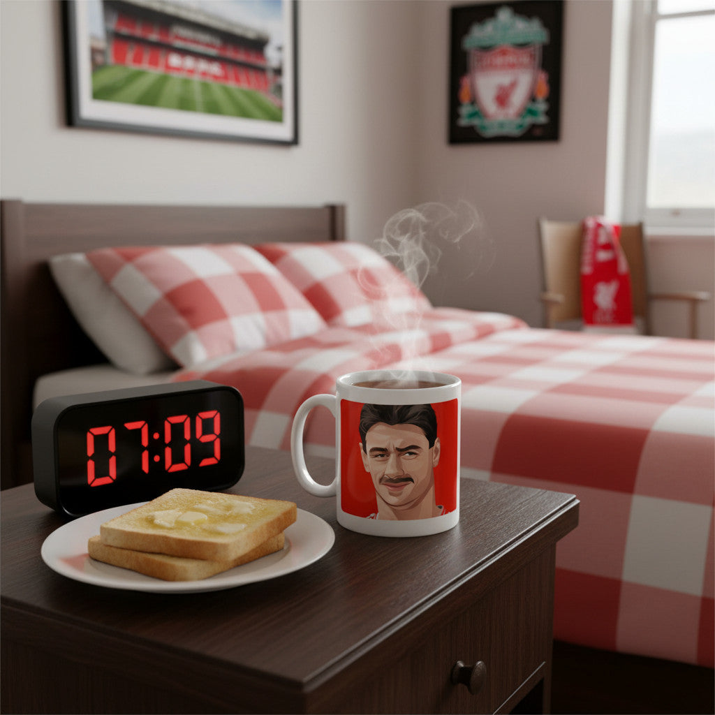 Retrotext Liverpool 1989 FA Cup Ian Rush ceramic mug on a bedside table with toast and a digital clock