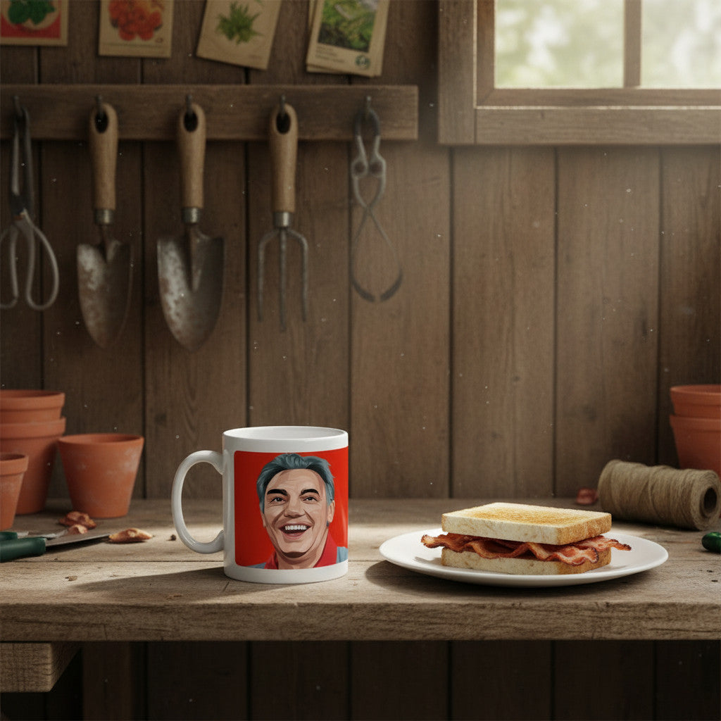 Retrotext Liverpool 1984 Joe Fagan ceramic mug featuring a portrait illustration on a rustic wooden workbench.