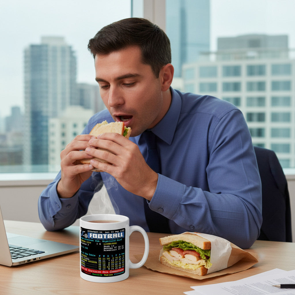 Retrotext Liverpool 1990 Division One Champions John Barnes Teletext mug on an office desk with a man eating lunch