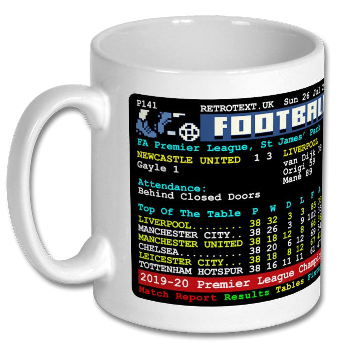 Retrotext Liverpool Jurgen Klopp 2019-20 Premier League teletext design on a glossy white 11oz ceramic mug