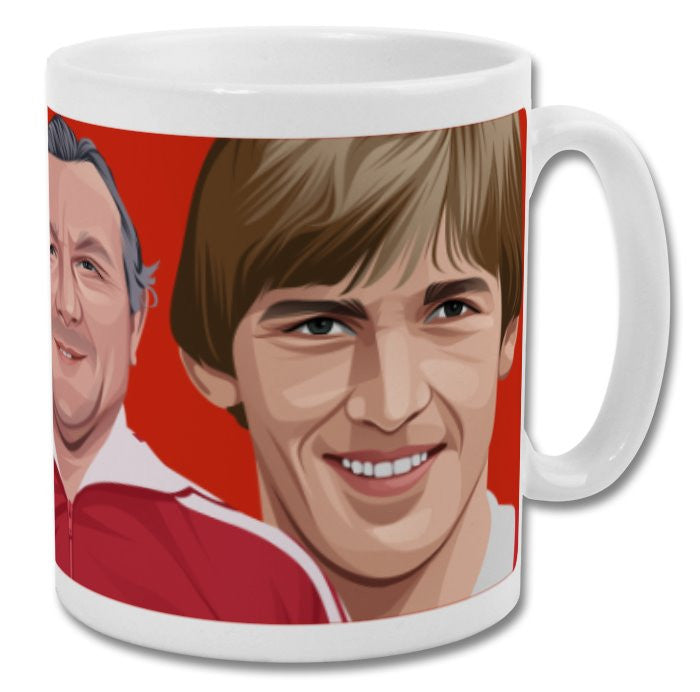 Retrotext Liverpool FC mug featuring illustrated portraits of Kevin Keegan and Kenny Dalglish on a red background