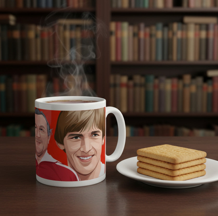 Retrotext Liverpool FC mug featuring illustrations of Kevin Keegan and Kenny Dalglish on a red background