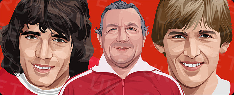 Retrotext Liverpool mug featuring illustrated portraits of Kevin Keegan, Bob Paisley, and Kenny Dalglish on red background