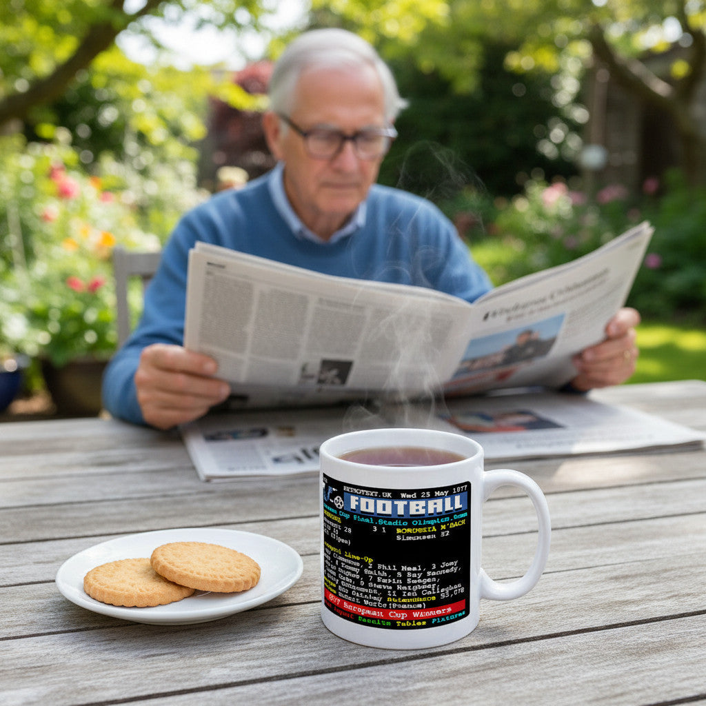 Retrotext Liverpool 1977 European Cup Winners Kevin Keegan ceramic mug with teletext graphic on a garden table