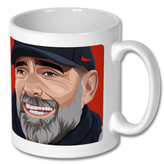 Retrotext white ceramic 11oz mug featuring a vibrant illustration of a Liverpool manager on a red background