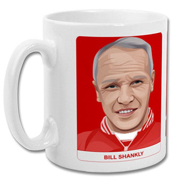 Retrotext personalised Liverpool Legends mug featuring a Bill Shankly illustration on a glossy white 11oz ceramic cup