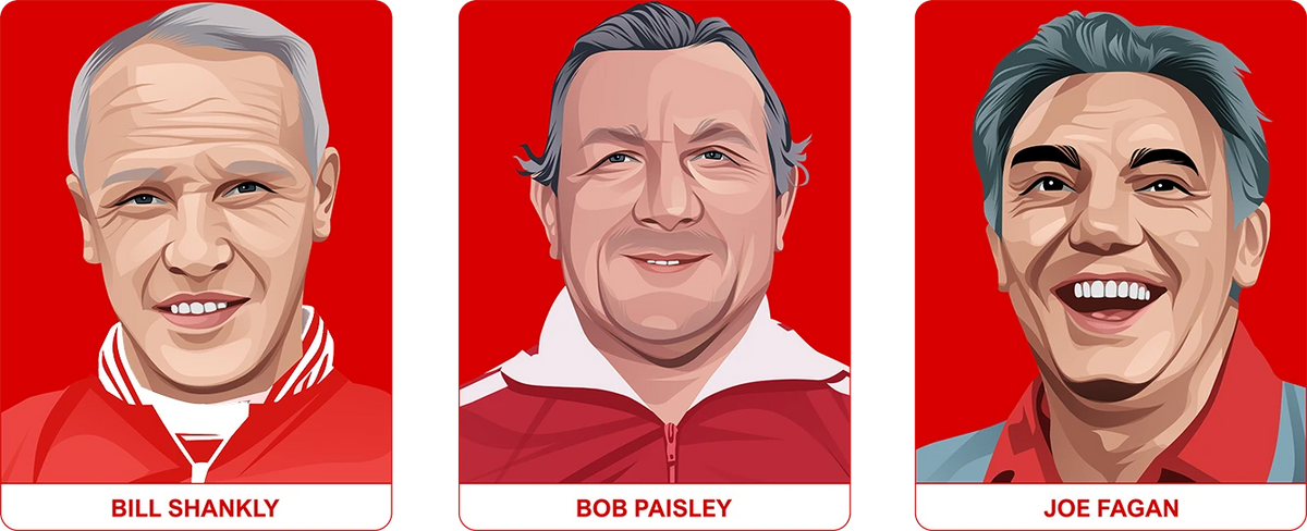 Retrotext personalised Liverpool Legends mug featuring illustrated portraits of Bill Shankly, Bob Paisley, and Joe Fagan