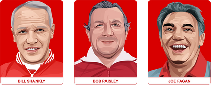 Retrotext personalised Liverpool Legends mug featuring illustrated portraits of Bill Shankly, Bob Paisley, and Joe Fagan