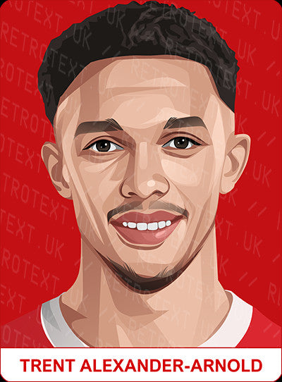 Retrotext personalised Liverpool Legends mug featuring a vibrant illustrated portrait of Trent Alexander-Arnold.