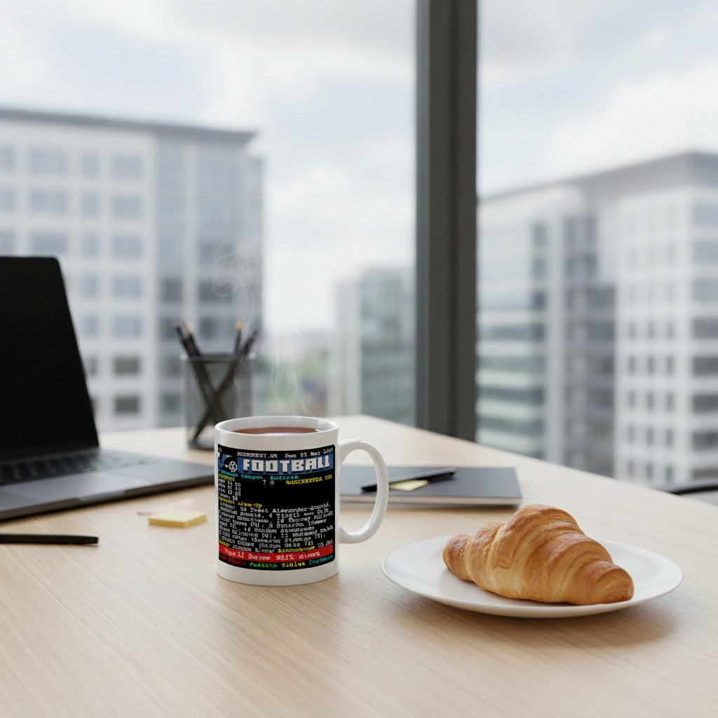 Retrotext Liverpool 7-0 Manchester United teletext mug featuring Mo Salah on a desk with a croissant and laptop