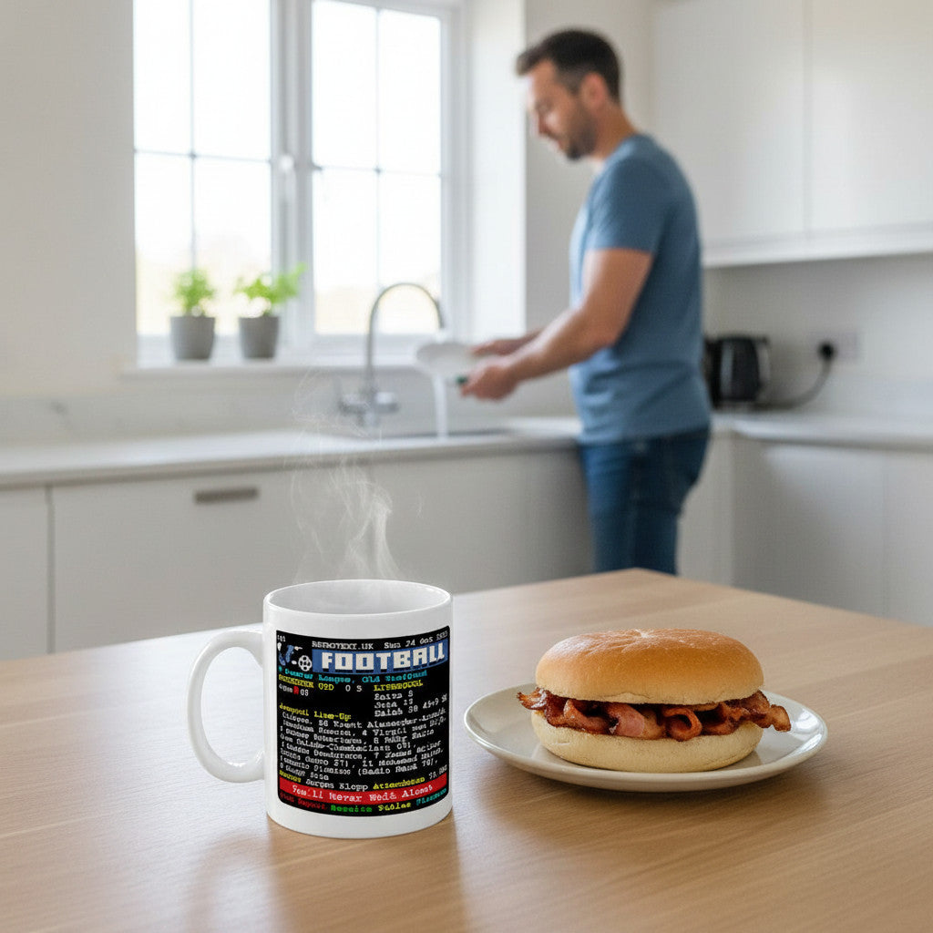 Retrotext ceramic mug featuring a Liverpool 5-0 Manchester United teletext graphic on a kitchen table with a bacon roll