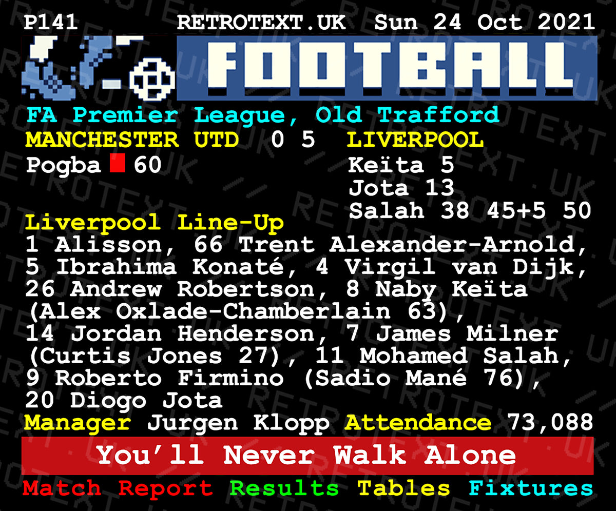 Retrotext Liverpool 5-0 Manchester United teletext ceramic mug featuring match stats and Jurgen Klopp tribute