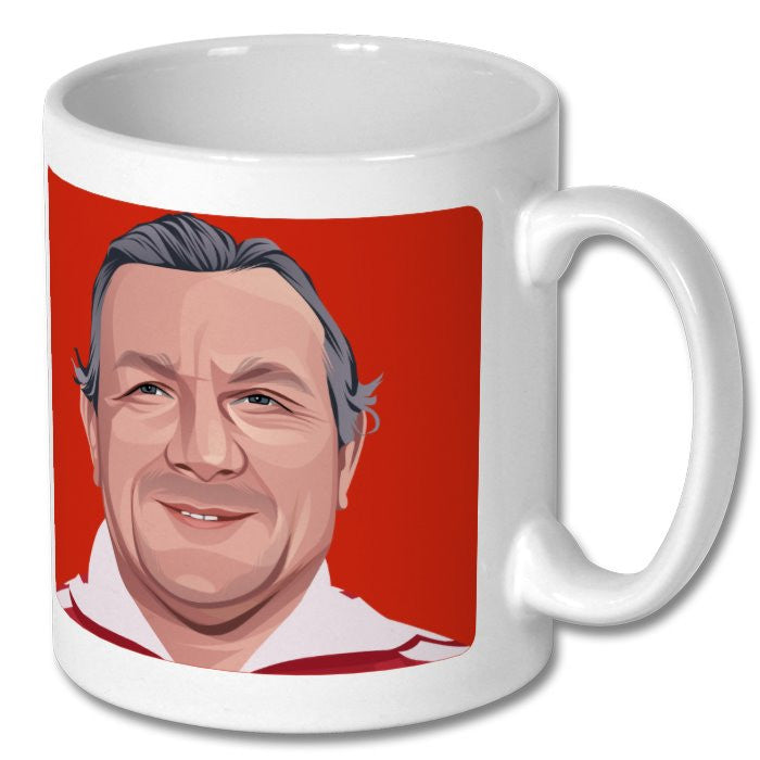 Retrotext Liverpool FC ceramic mug featuring a player illustration on a red background with a glossy white finish