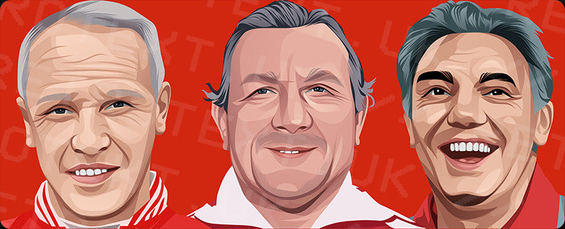 Retrotext Liverpool FC mug featuring illustrated portraits of Bill Shankly, Bob Paisley, and Joe Fagan on red background