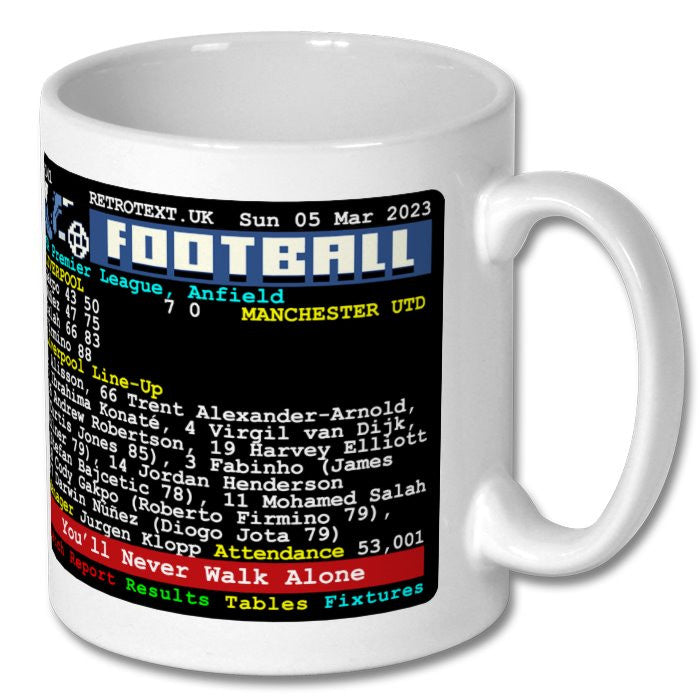 Retrotext Liverpool 7-0 Manchester United teletext ceramic mug featuring match details and Anfield scoreline graphic