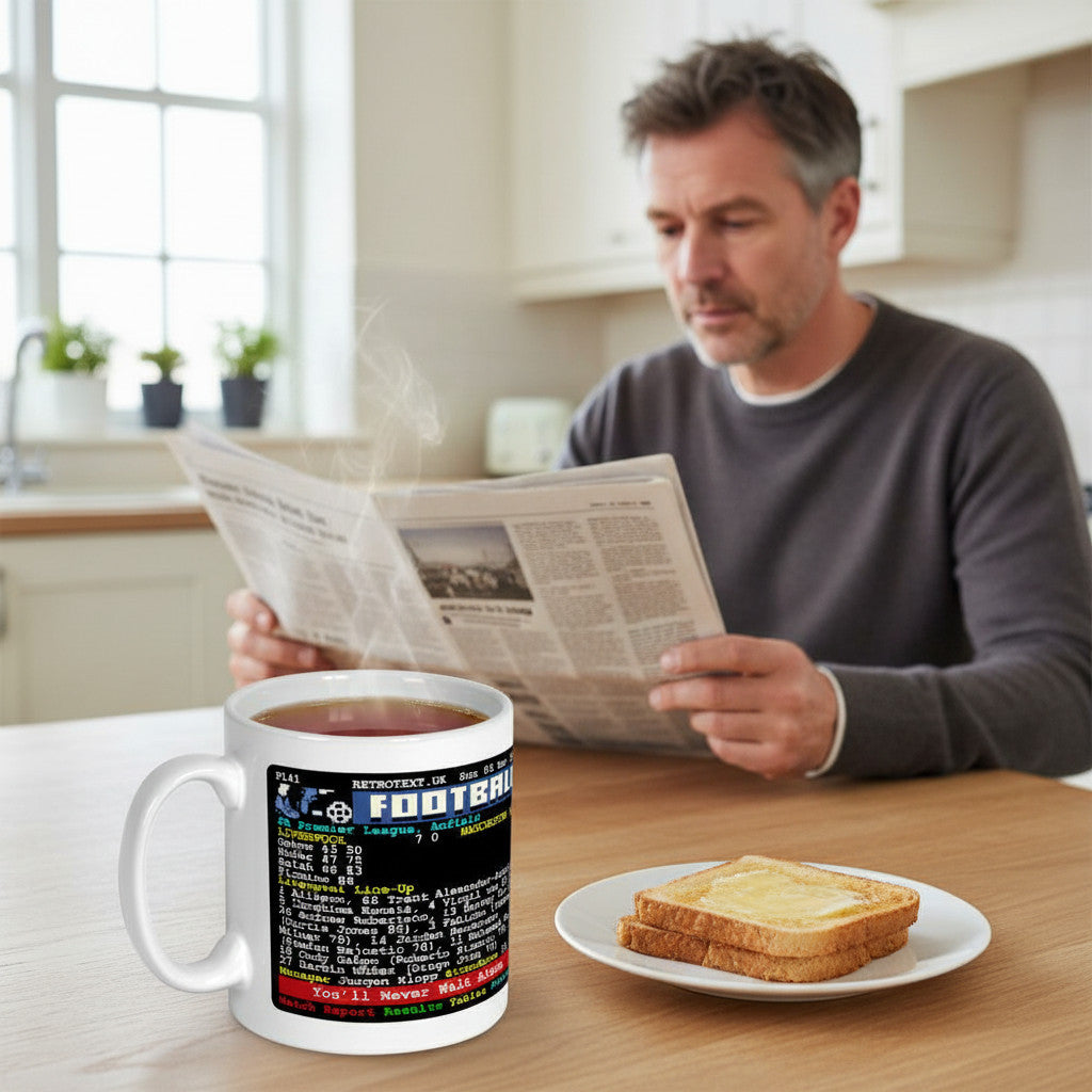 Retrotext Liverpool 7-0 Manchester United teletext ceramic mug on a kitchen table with a man reading a newspaper