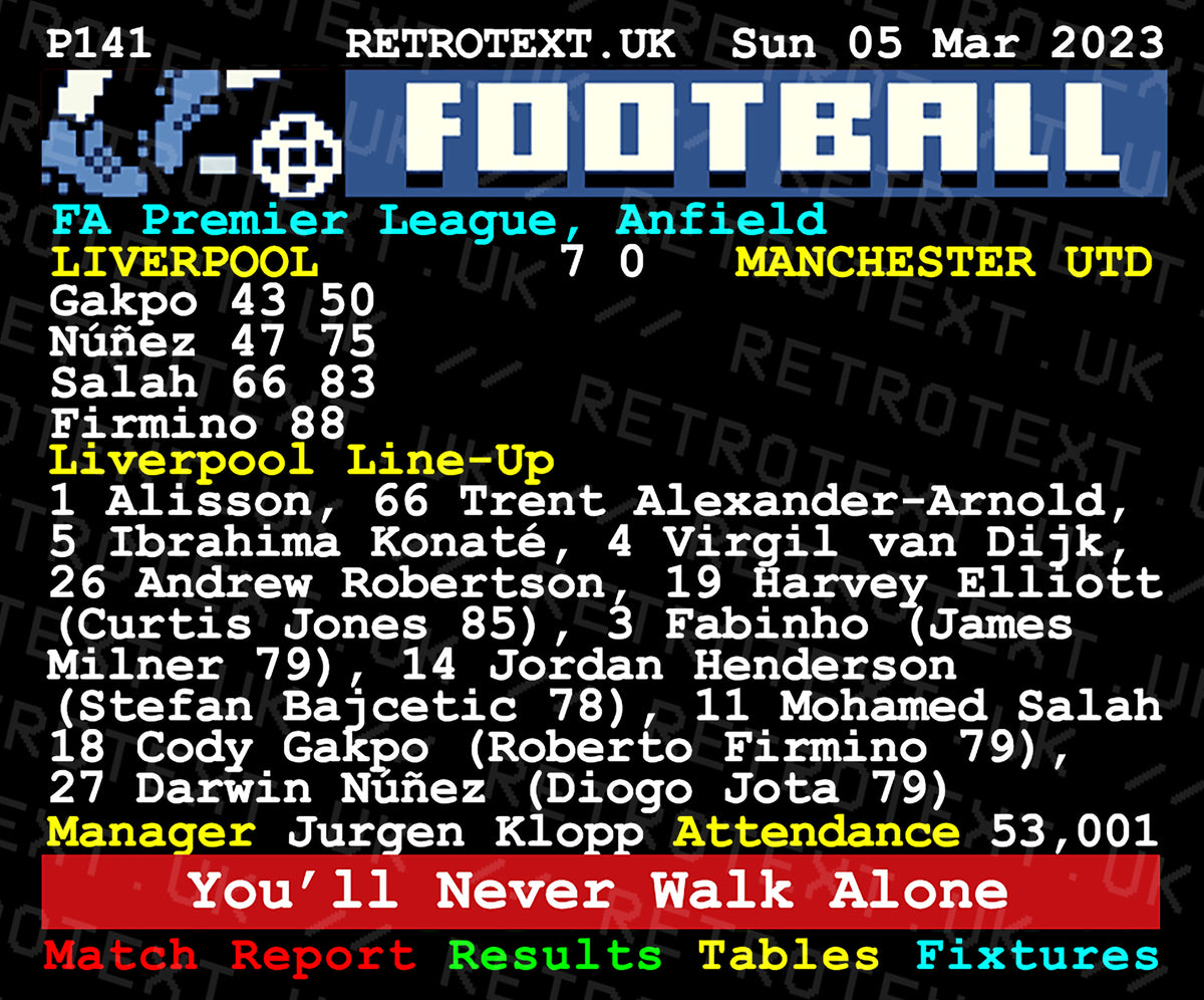Retrotext Liverpool 7-0 Manchester United teletext graphic ceramic mug featuring match details and Jurgen Klopp