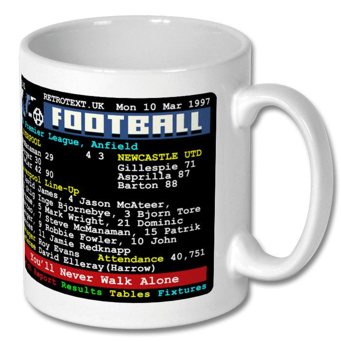 Retrotext glossy white 11oz mug featuring a 1997 Liverpool versus Newcastle Premier League teletext match report