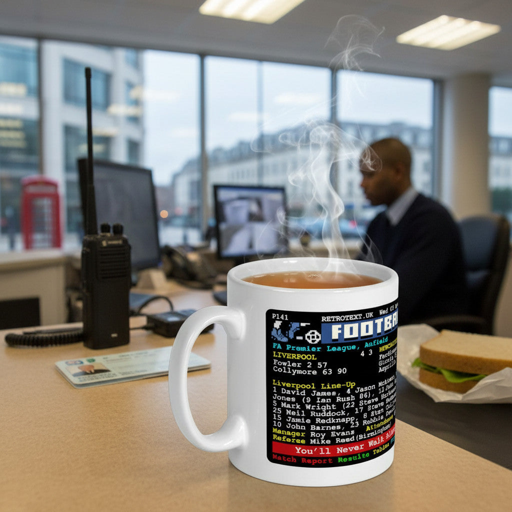 Retrotext glossy white 11oz mug featuring a vintage Liverpool vs Newcastle football teletext match report design