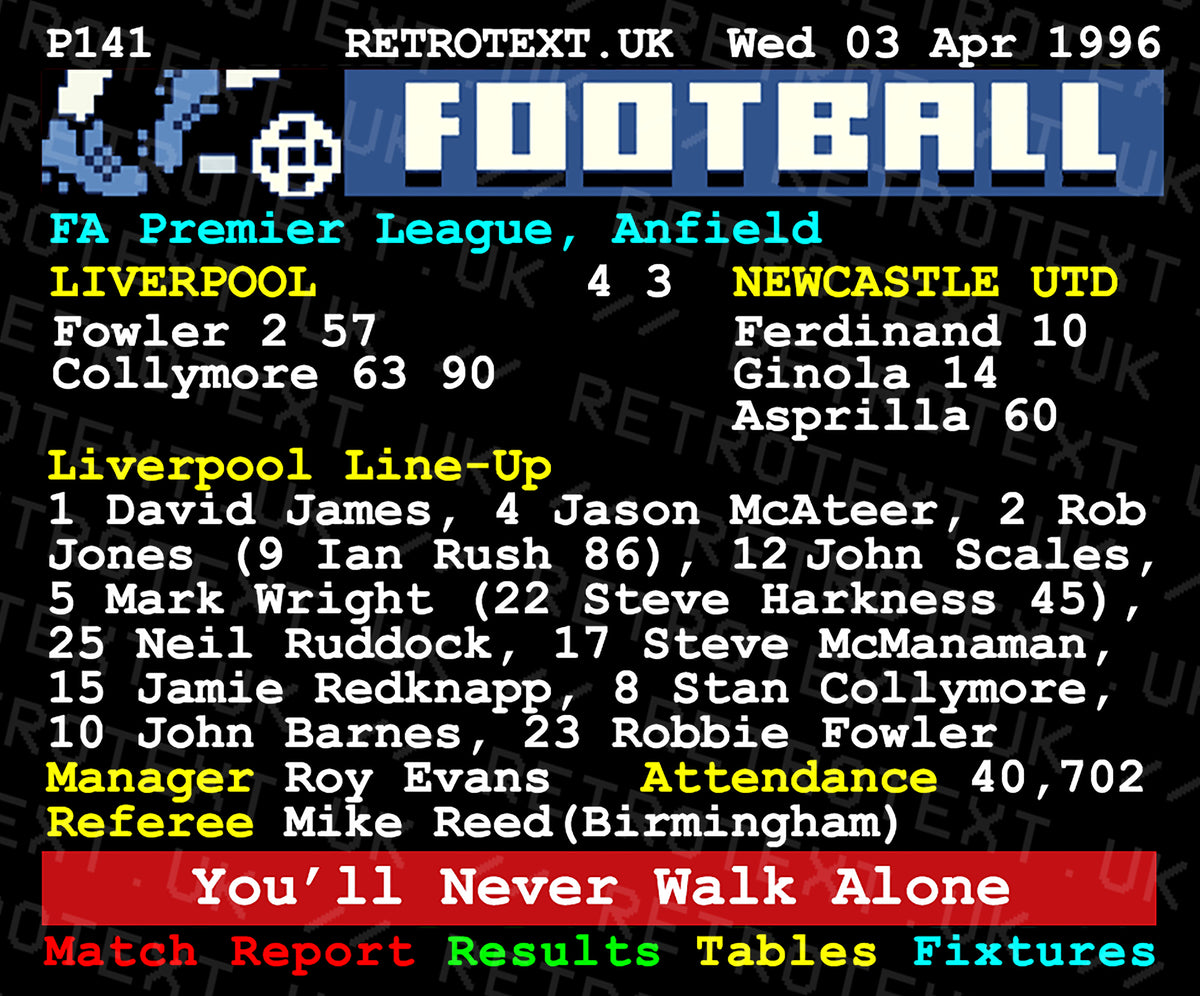 Retrotext Liverpool vs Newcastle 1996 football teletext design printed on a glossy white 11oz ceramic mug