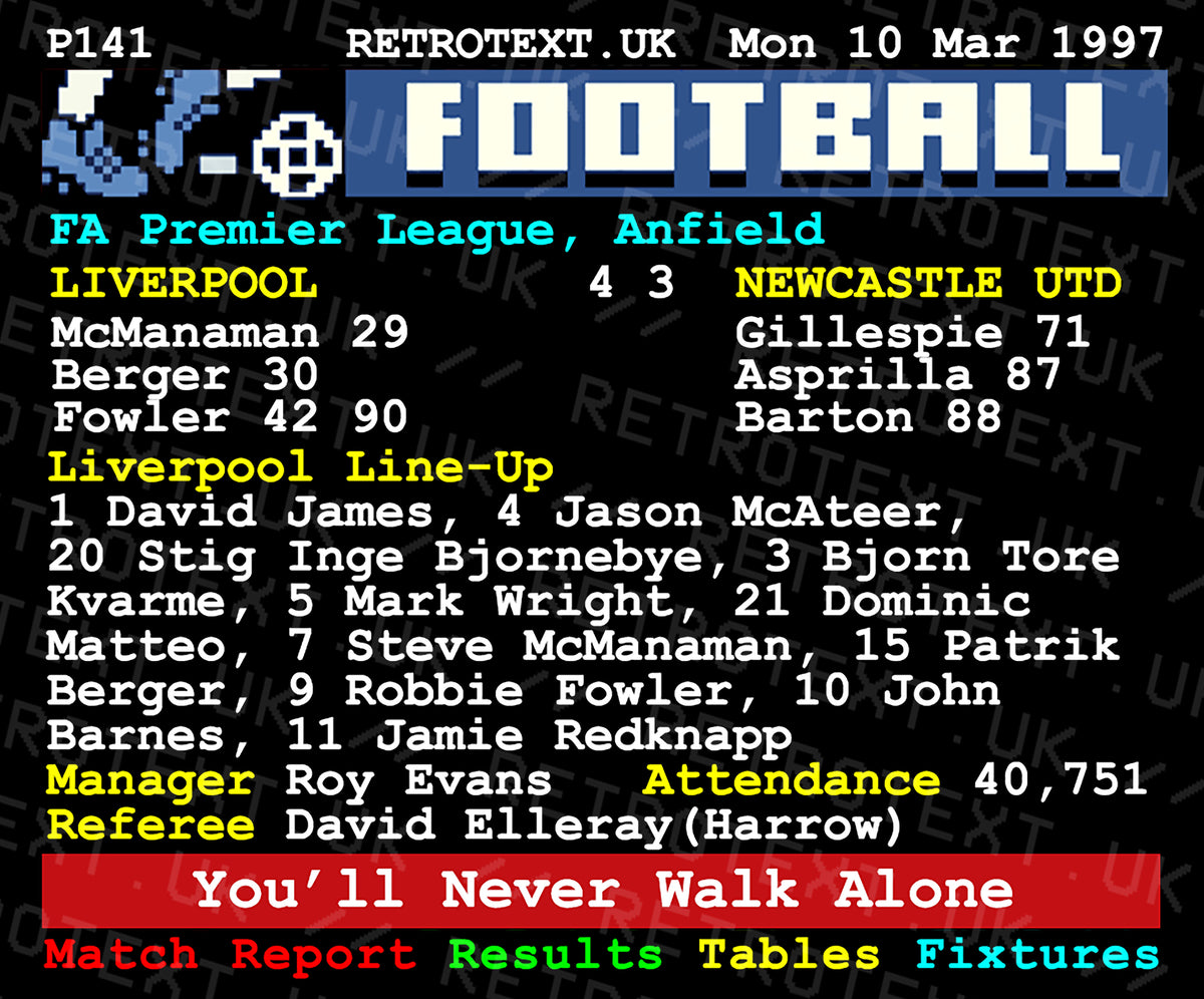 Retrotext Liverpool vs Newcastle 1997 Teletext match report mug with glossy white finish and classic football stats