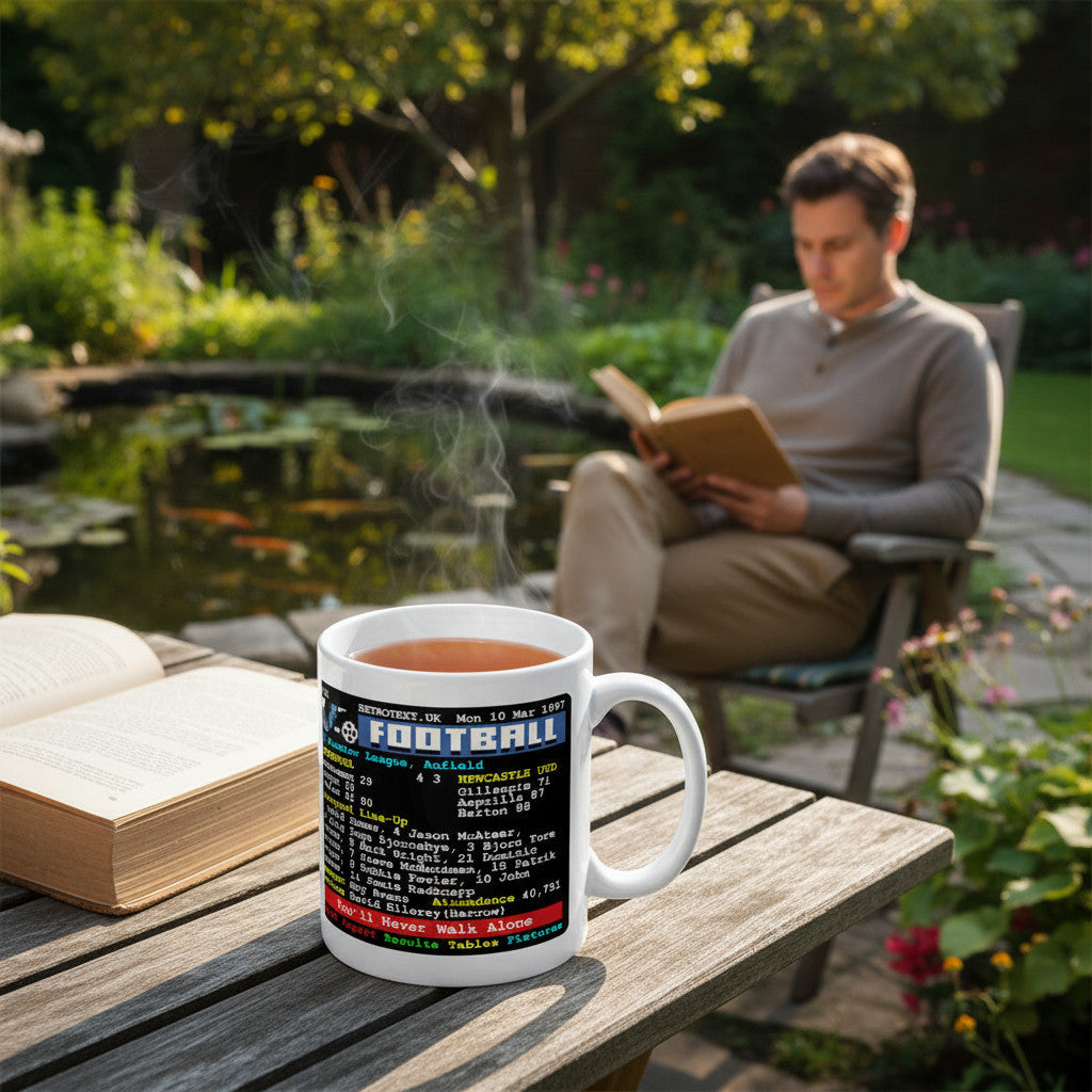 Retrotext Liverpool vs Newcastle 1997 Teletext football mug on a wooden table in a garden with a man reading nearby.