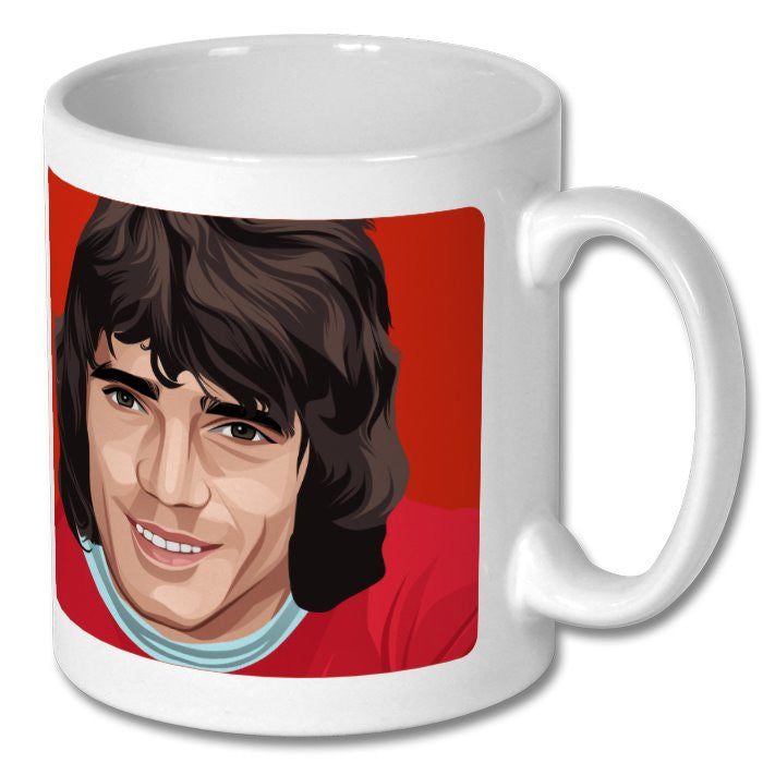 Retrotext Liverpool FC 11oz glossy white ceramic mug featuring a player portrait on a red background