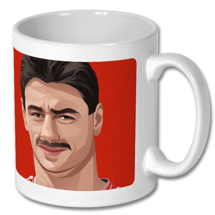 Retrotext white ceramic mug featuring a stylized illustration of a Liverpool player on a vibrant red background.